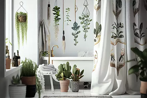 Duschvorhang im Boho-Stil mit Pflanzen