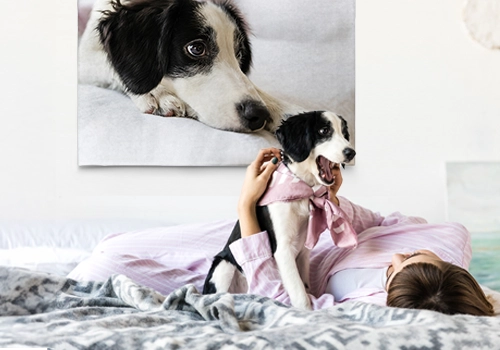 Fotoleinwand vom eigenen Hund Frauchen und Hund mit Fotoleinwand